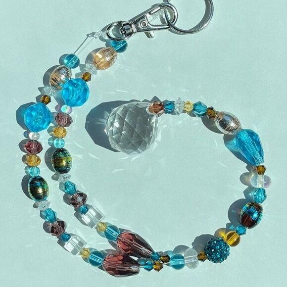 Beaded Suncatcher Rearview Mirror Ornament Blue Brown Crystal Prism Car Charm - Picture 2 of 10